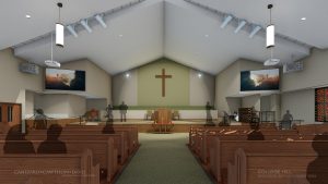Interior photo of College Hill MB Church sanctuary rendering