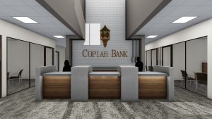 Interior photo of Copiah Bank front counter rendering