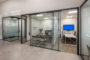 Interior view of lobby and offices at bank