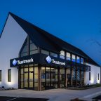 Exterior view of bank at night