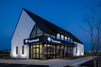 Exterior view of bank at night