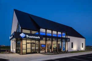 Exterior view of bank at night