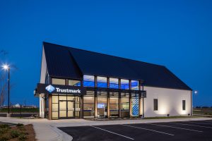 Exterior view of bank at night