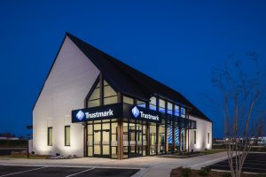 Exterior view of bank at night